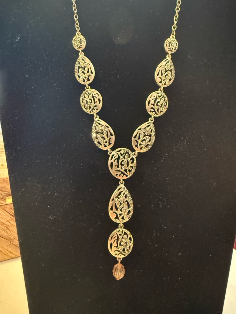 Gold Filigree Drop Y Necklace with Crystal Accent